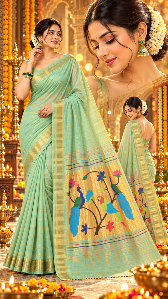 Mint Green Paithani Saree with Golden Zari Peacock & Multicolor Bird Pallu