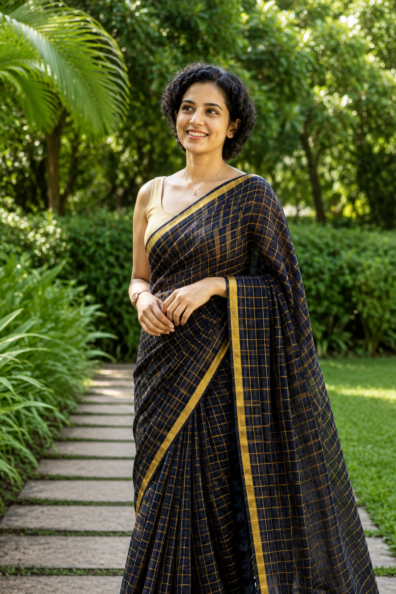 Golden Zari Check Mul Cotton Saree