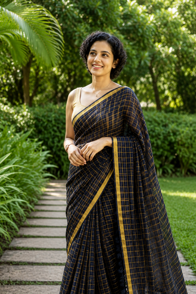 Golden Zari Check Mul Cotton Saree