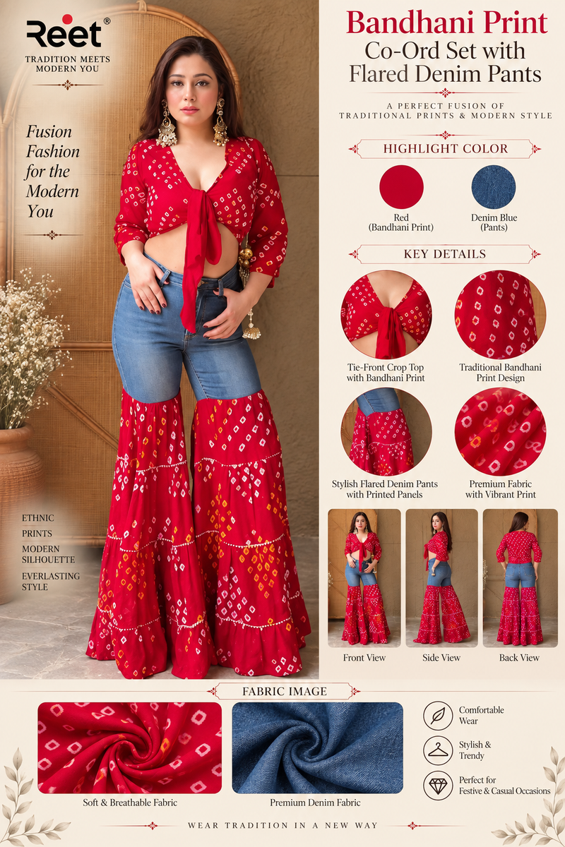 Bandhani Print Co-Ord Set with Flared Denim Pants
