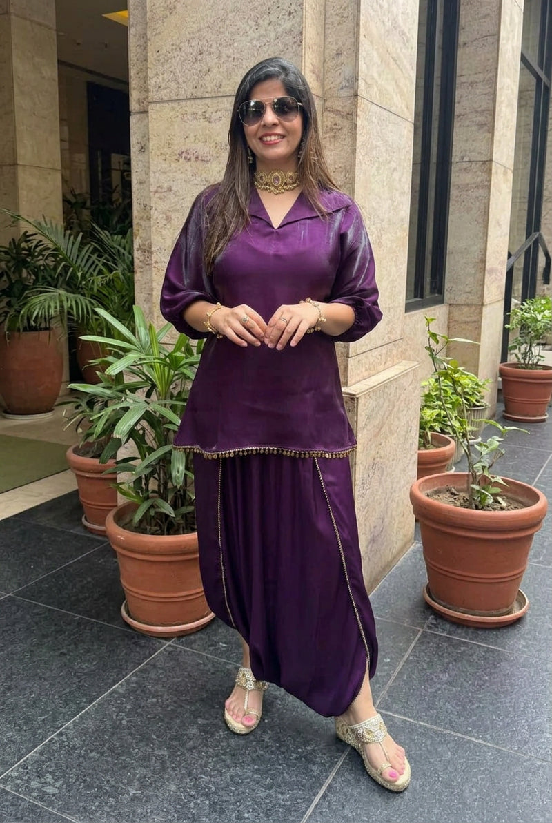 Mahira Luxe Shimmer Silk Tunic Top with Dhoti Skirt