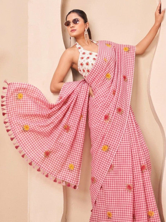 Silk  Floral Checked Woven Design Border Saree
