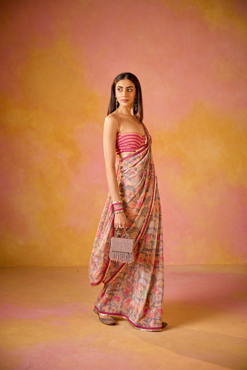 Grey Crepe Saree With Peach Embroidered Blouse
