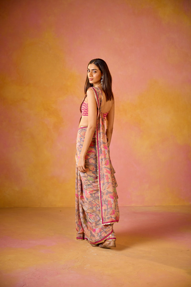 Grey Crepe Saree With Peach Embroidered Blouse