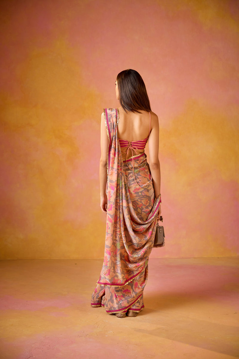 Grey Crepe Saree With Peach Embroidered Blouse