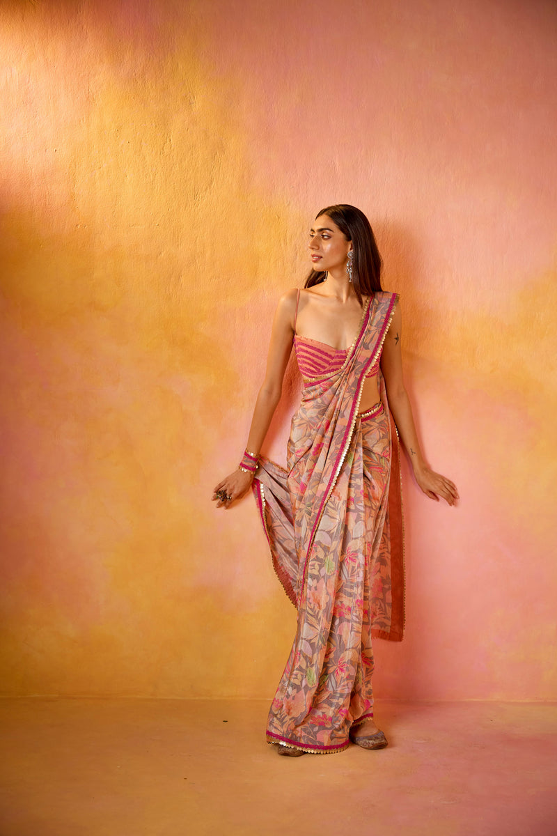 Grey Crepe Saree With Peach Embroidered Blouse