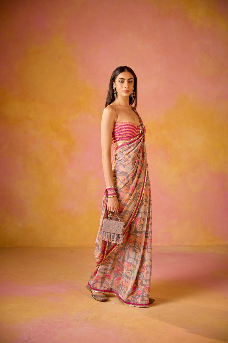 Grey Crepe Saree With Peach Embroidered Blouse