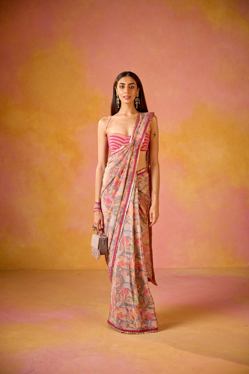 Grey Crepe Saree With Peach Embroidered Blouse