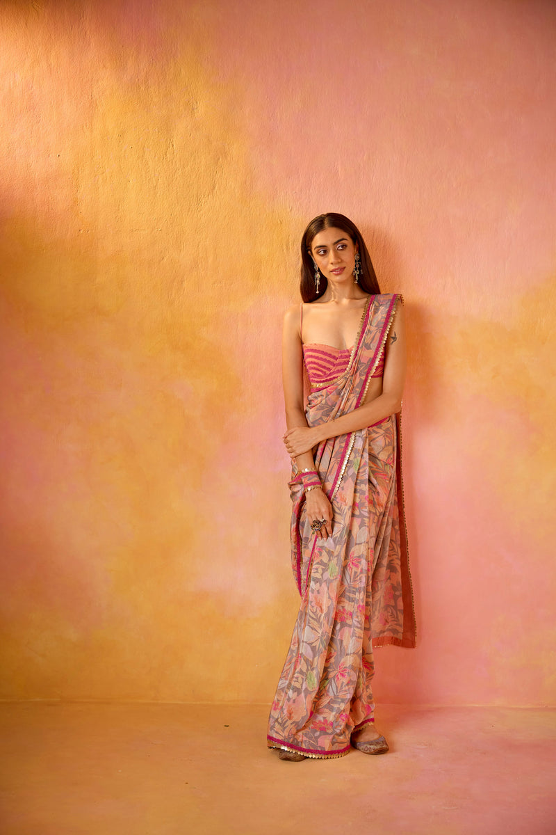 Grey Crepe Saree With Peach Embroidered Blouse