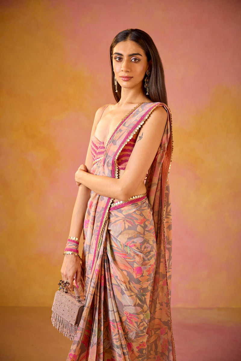 Grey Crepe Saree With Peach Embroidered Blouse