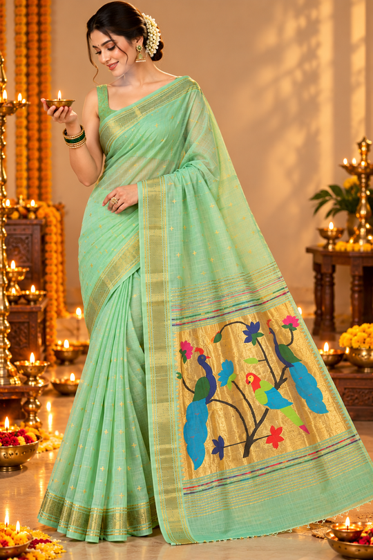 Mint Green Paithani Saree with Golden Zari Peacock & Multicolor Bird Pallu