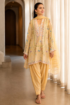 Women's Yellow Floral Muslin Farshi Salwar Suit Set