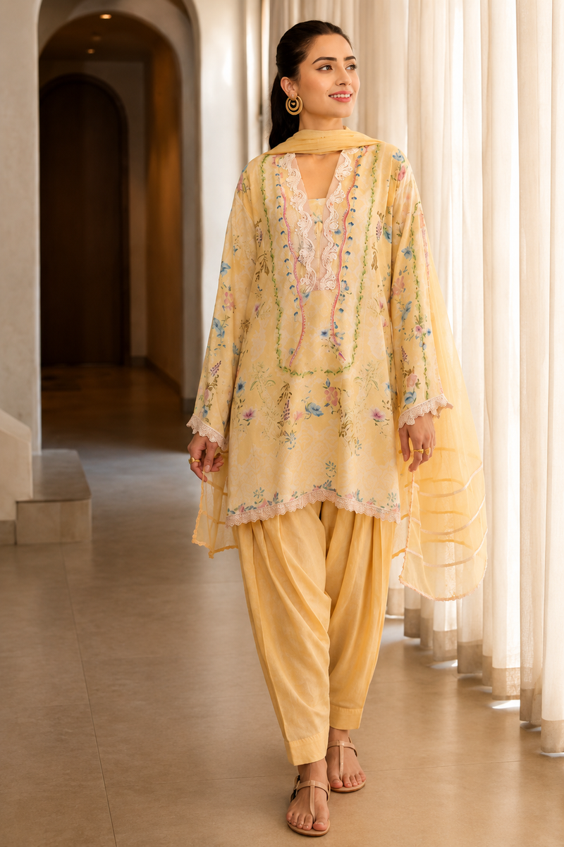 Women's Yellow Floral Muslin Farshi Salwar Suit Set