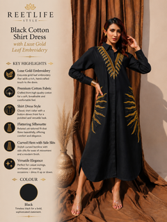 Black Cotton Shirt Dress with Luxe Gold Leaf Embroidery