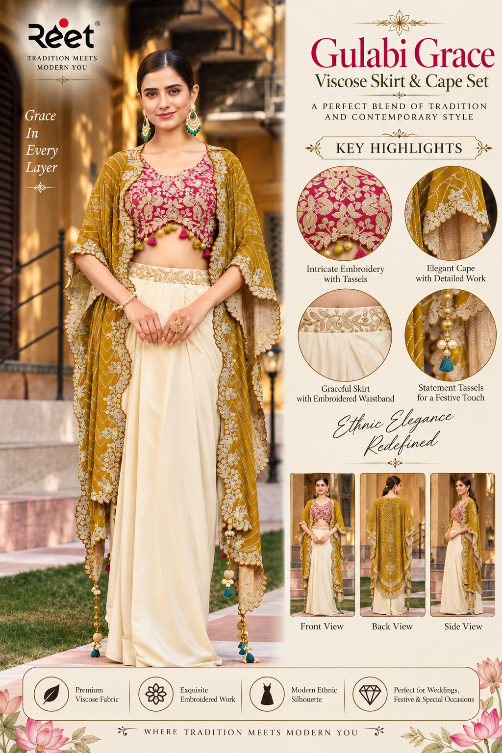 Gulabi Grace Viscose Skirt & Cape Set Lehenga