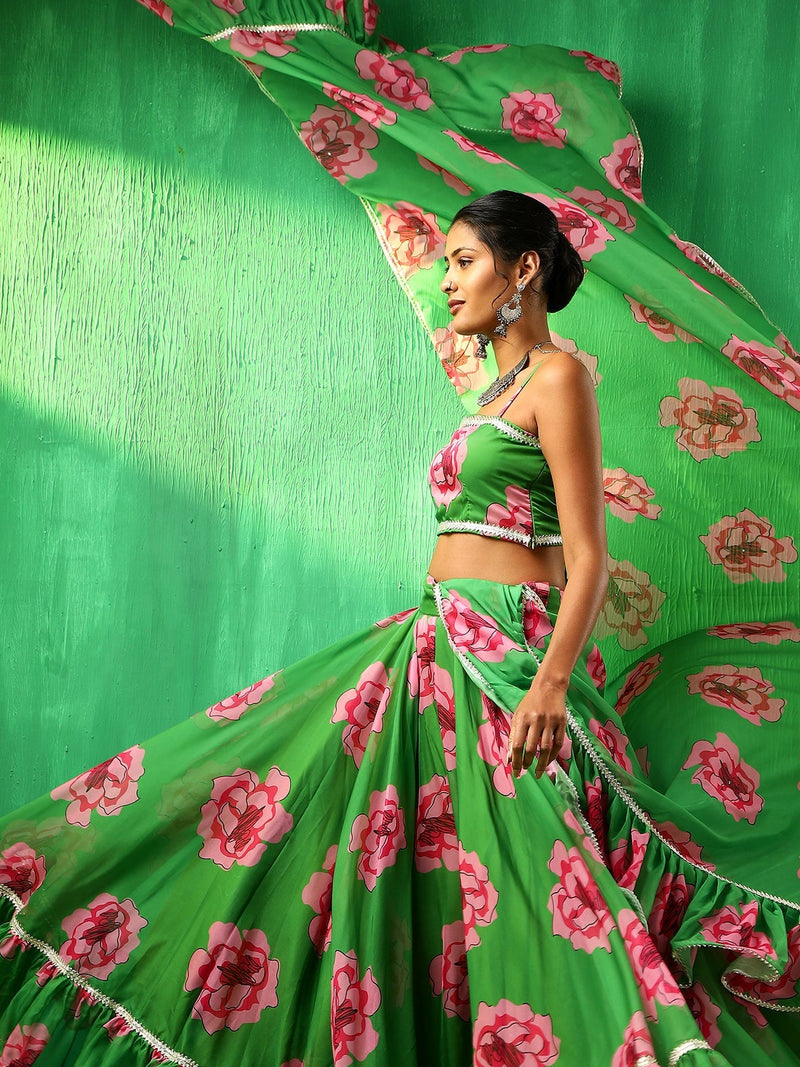 Green Carnation Organza Lehenga Set with Dupatta