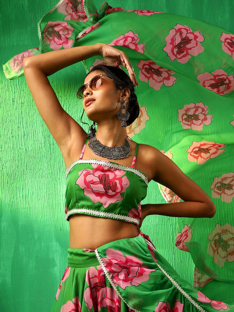 Green Carnation Organza Lehenga Set with Dupatta