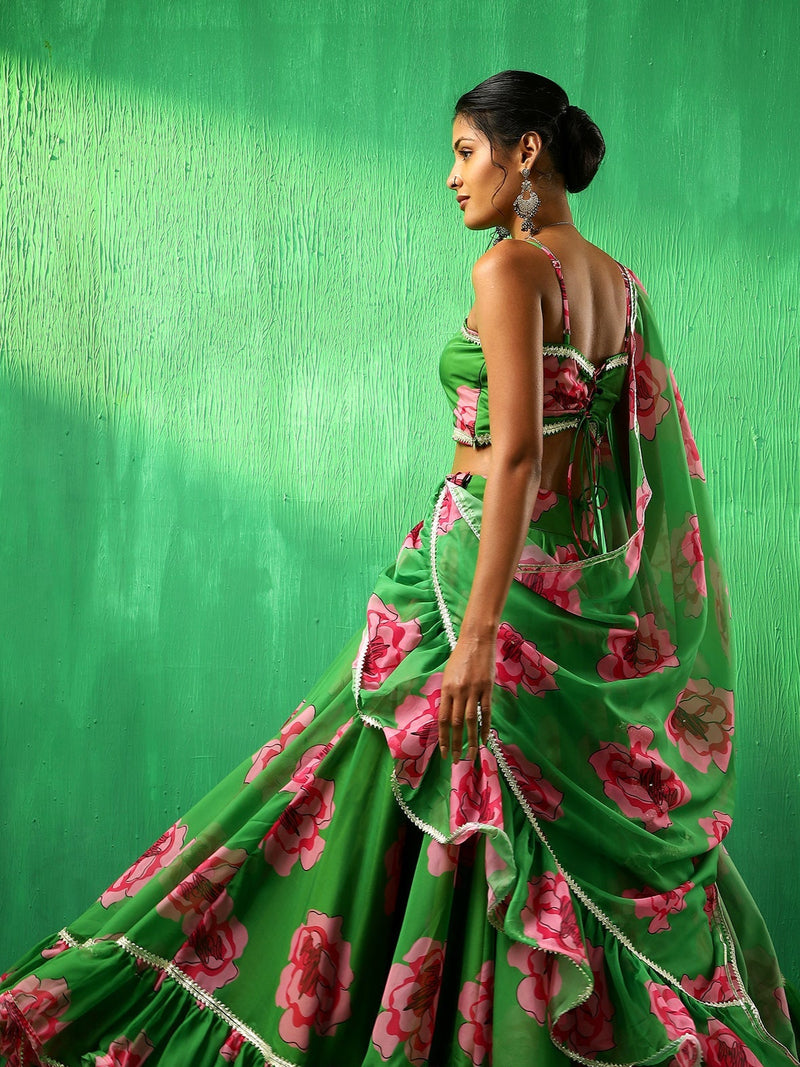 Green Carnation Organza Lehenga Set with Dupatta