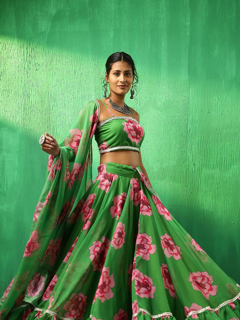 Green Carnation Organza Lehenga Set with Dupatta