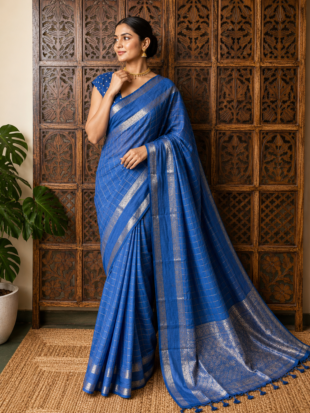 Royal Blue Viscose Crepe Saree with Silver Zari Border