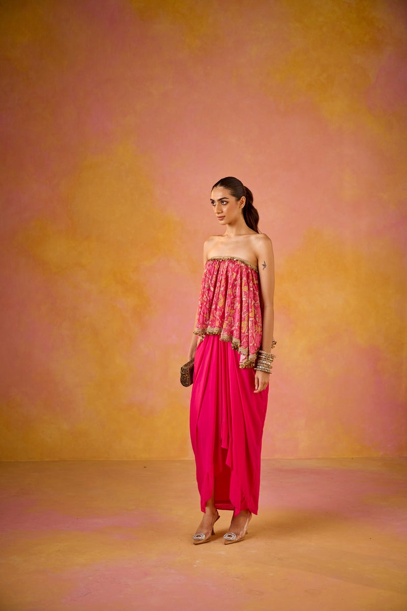 Off-shoulder Hot Pink Muslin Top Crepe Skirt Set