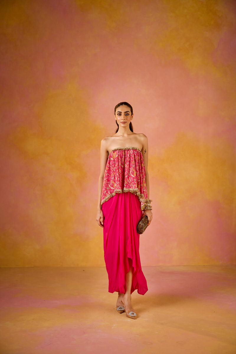 Off-shoulder Hot Pink Muslin Top Crepe Skirt Set