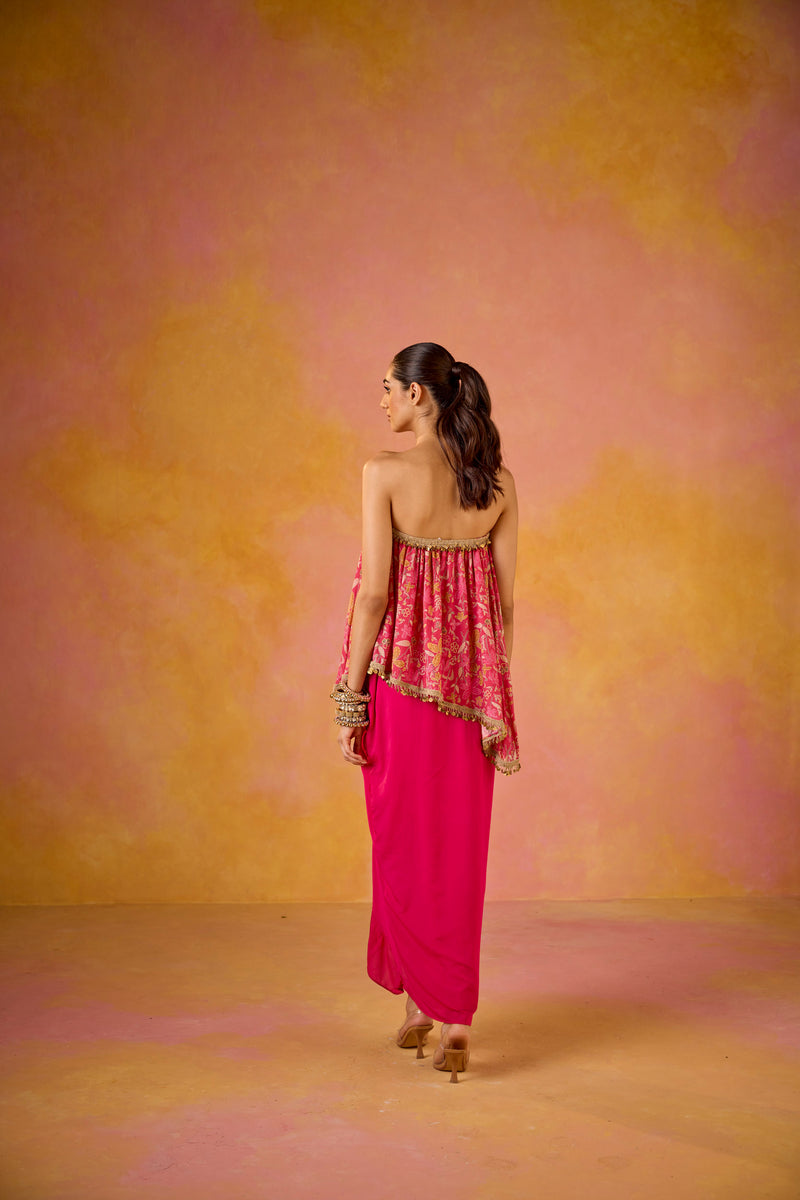 Off-shoulder Hot Pink Muslin Top Crepe Skirt Set