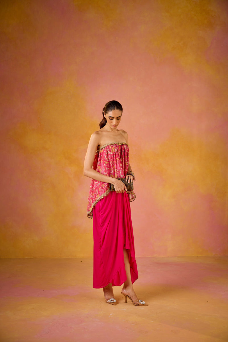 Off-shoulder Hot Pink Muslin Top Crepe Skirt Set