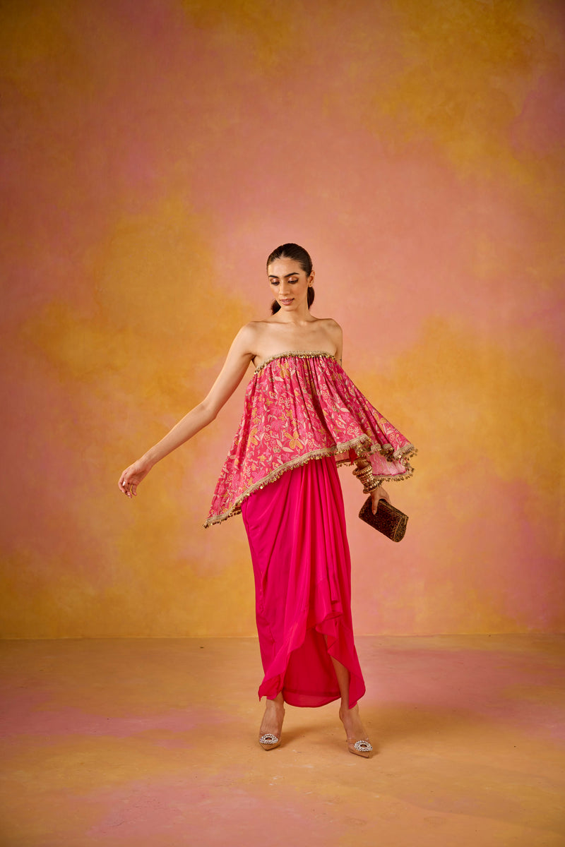 Off-shoulder Hot Pink Muslin Top Crepe Skirt Set