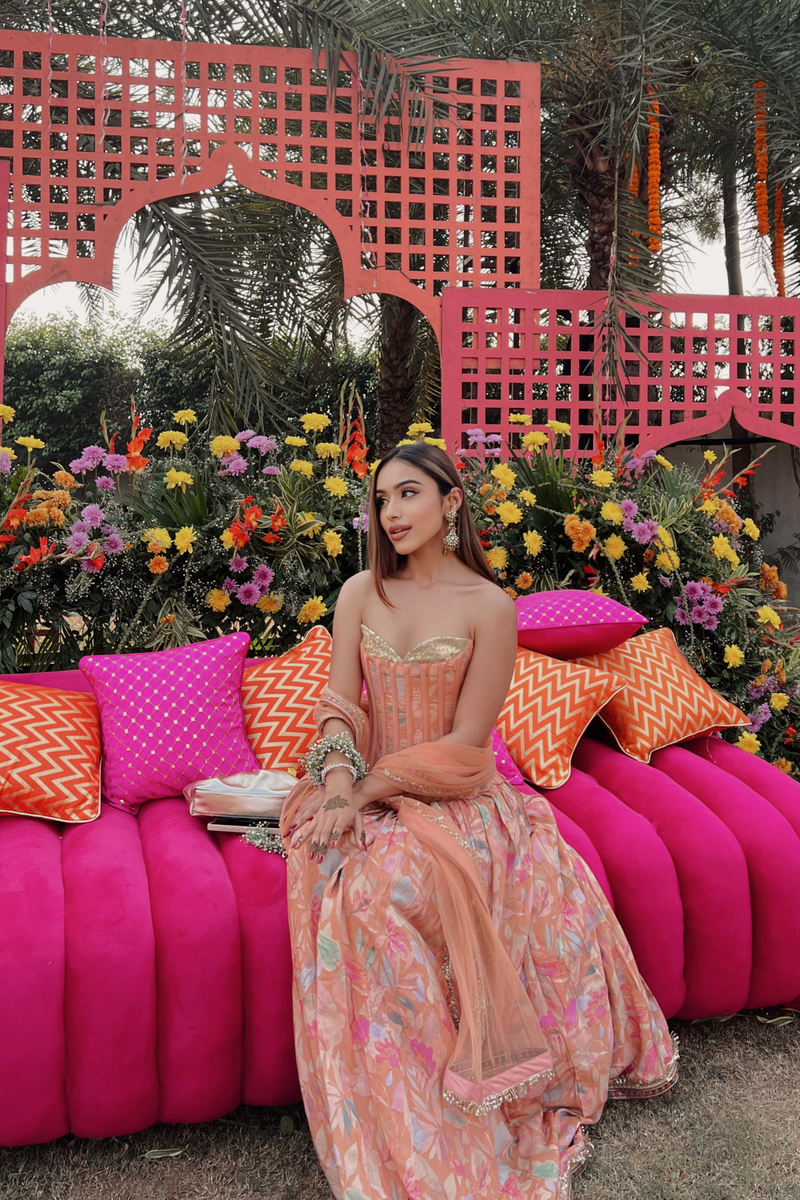 Peach Sequinned Corset Muslin Lehenga Set