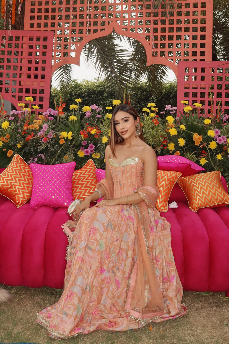 Peach Sequinned Corset Muslin Lehenga Set