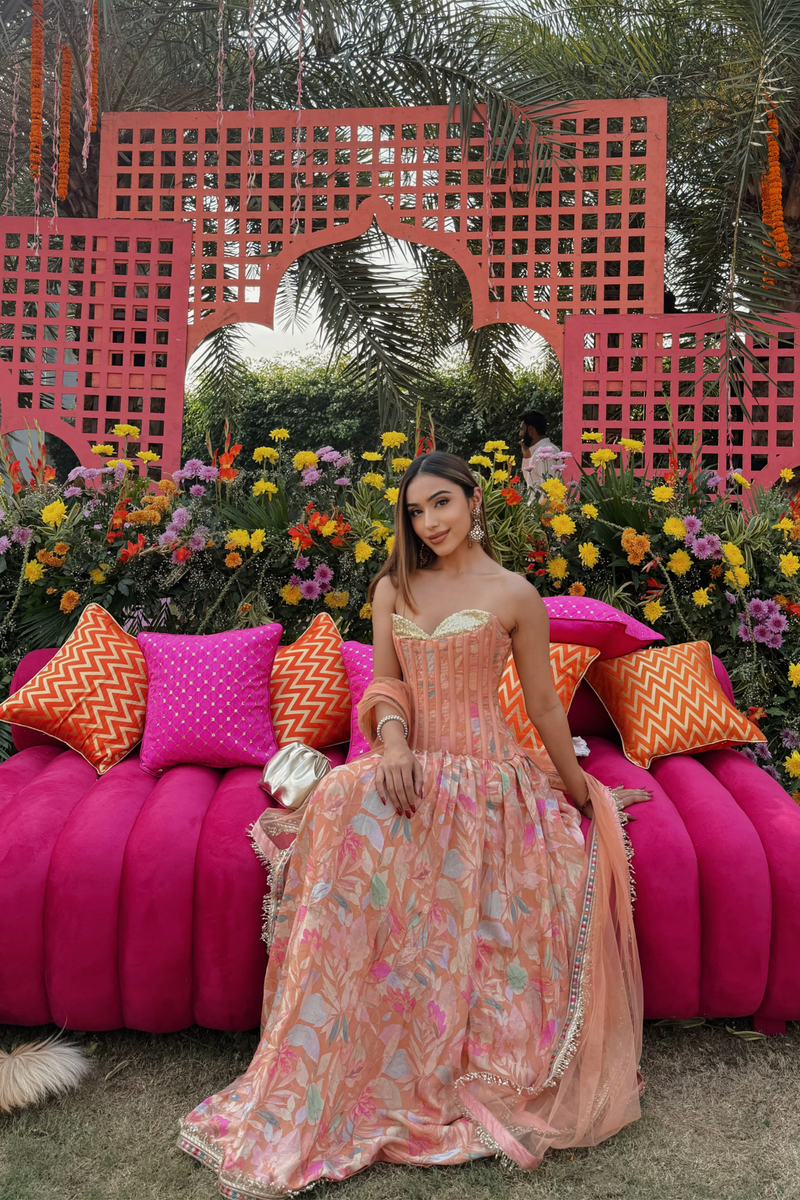 Peach Sequinned Corset Muslin Lehenga Set