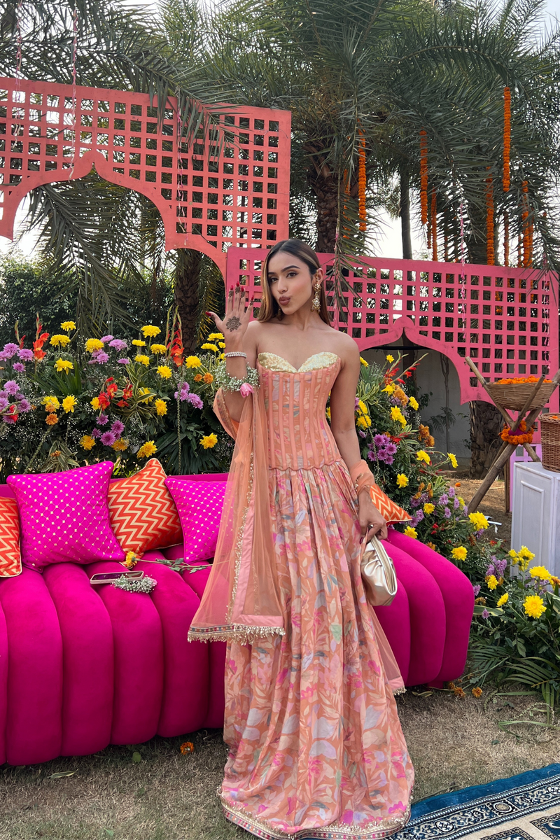 Peach Sequinned Corset Muslin Lehenga Set