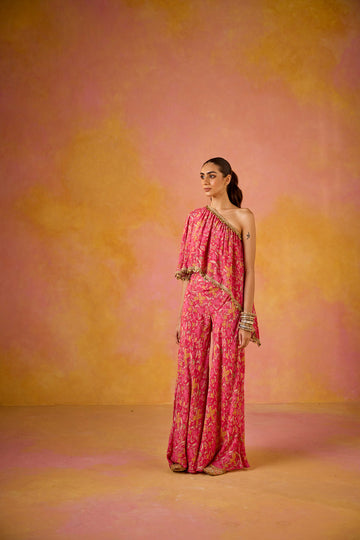 Hot Pink Muslin One-Shoulder Top and Flared Sharara Set