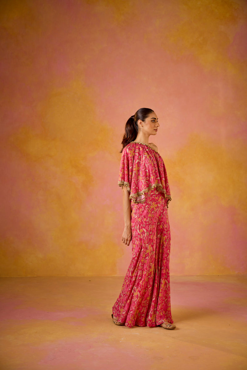 Hot Pink Muslin One-Shoulder Top and Flared Sharara Set