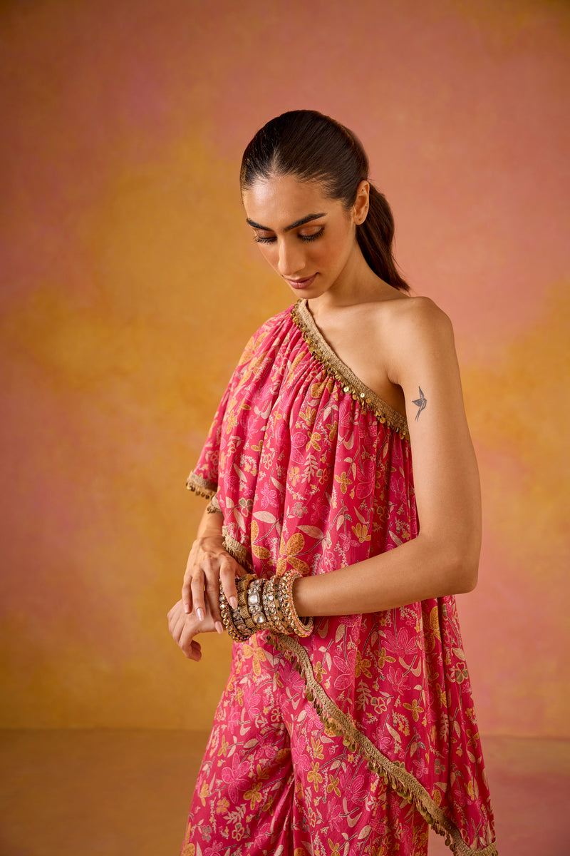 Hot Pink Muslin One-Shoulder Top and Flared Sharara Set