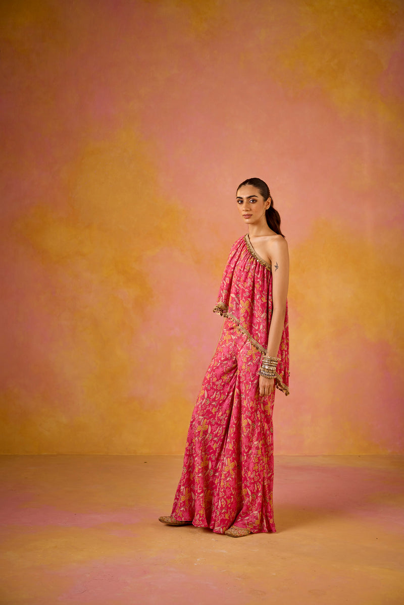 Hot Pink Muslin One-Shoulder Top and Flared Sharara Set