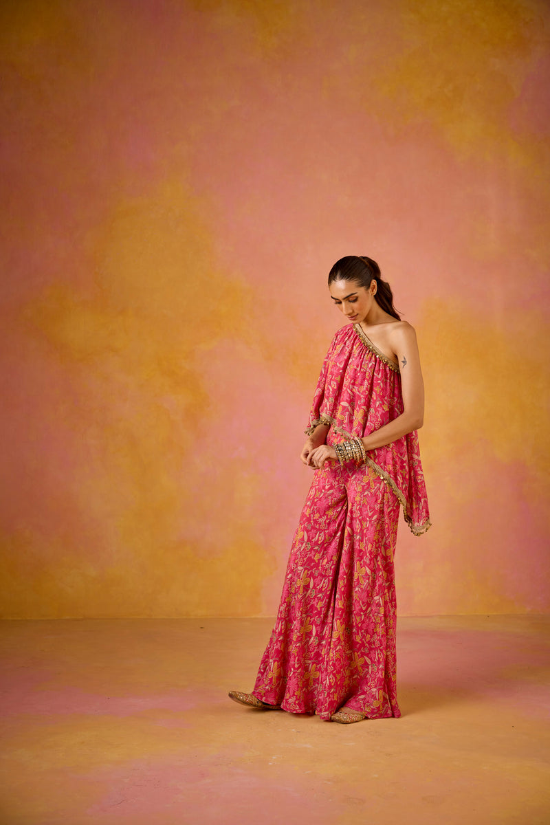 Hot Pink Muslin One-Shoulder Top and Flared Sharara Set