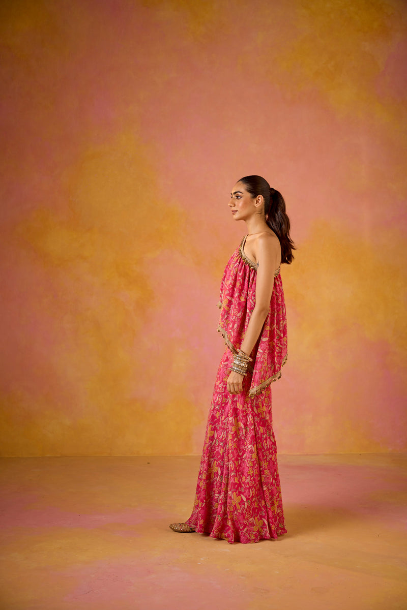 Hot Pink Muslin One-Shoulder Top and Flared Sharara Set