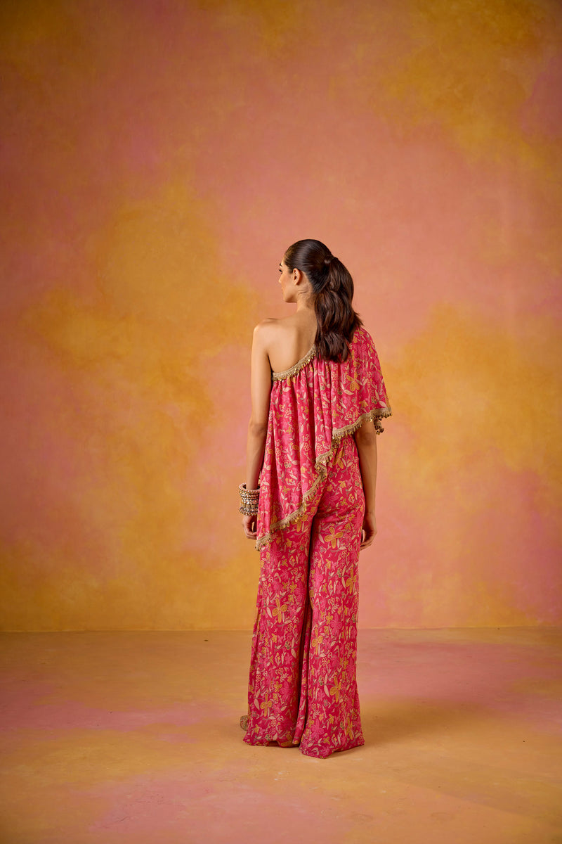 Hot Pink Muslin One-Shoulder Top and Flared Sharara Set