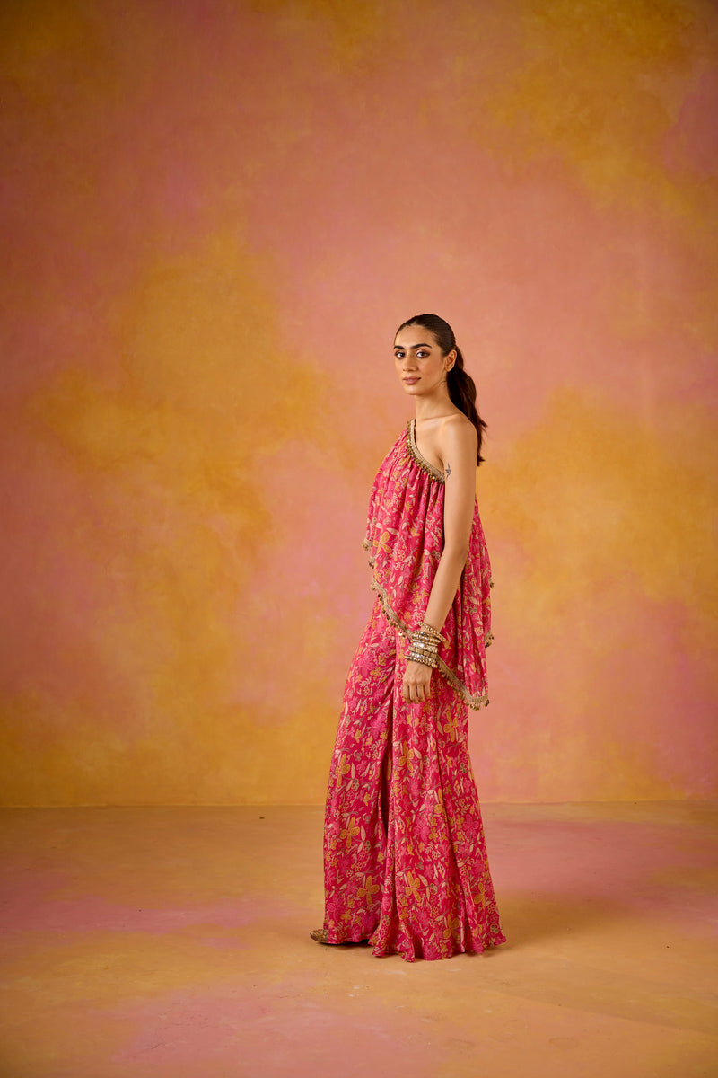 Hot Pink Muslin One-Shoulder Top and Flared Sharara Set