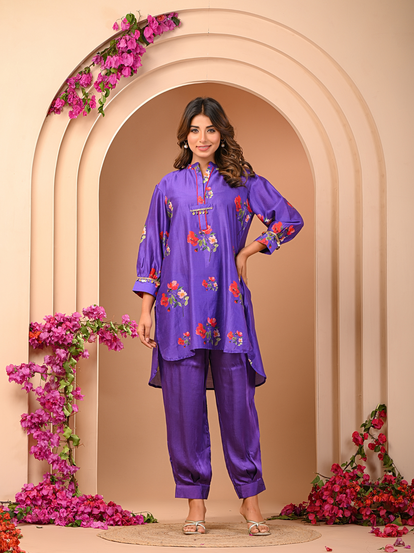 Floral purple short kurta set