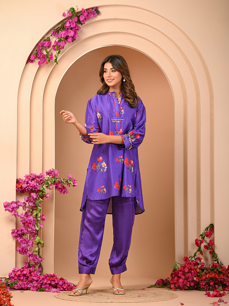 Floral purple short kurta set