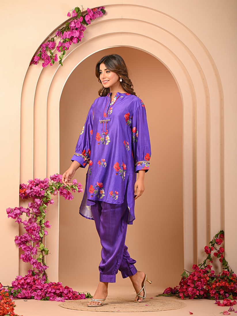 Floral purple short kurta set