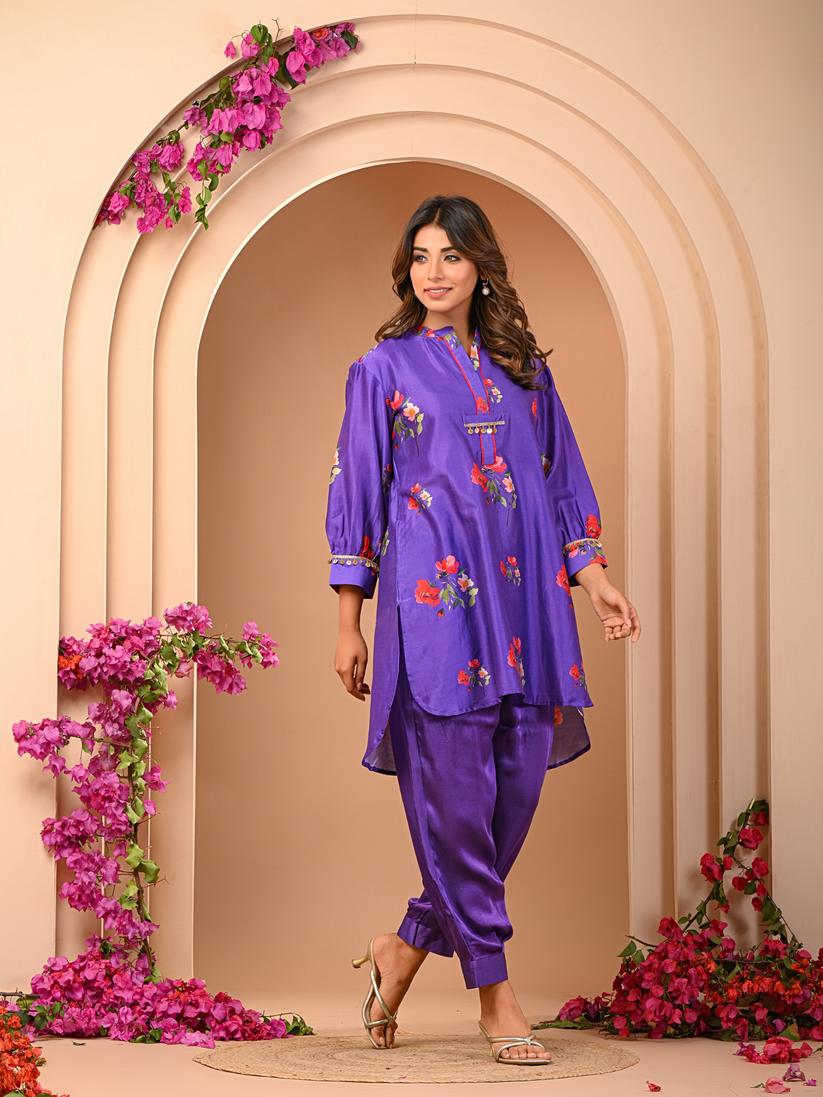 Floral purple Embroidered short kurta set