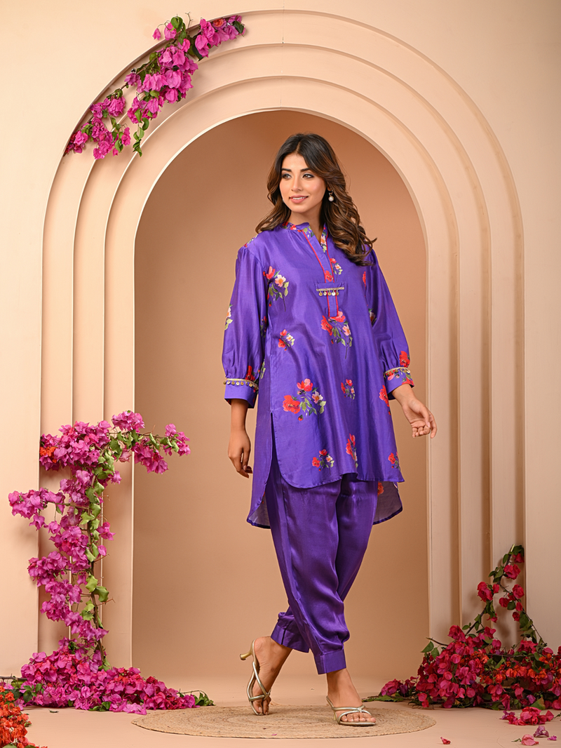 Floral purple short kurta set
