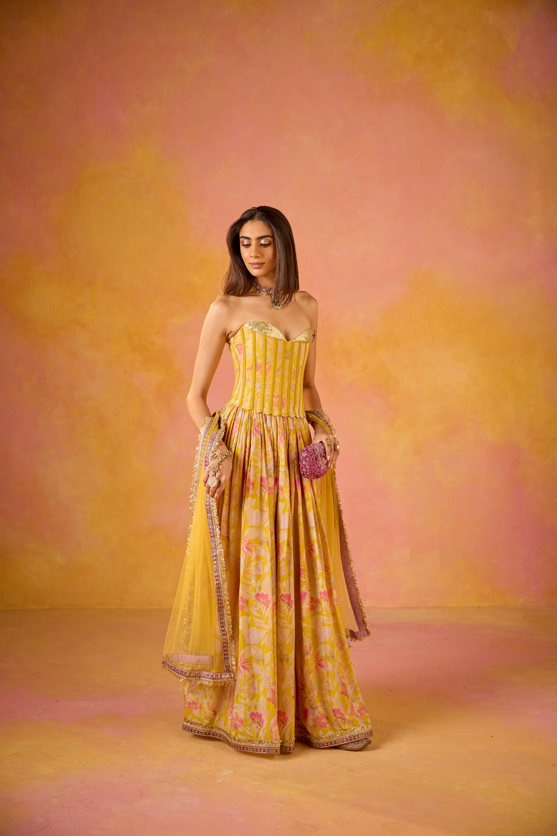 Yellow Sequinned Corset Muslin Lehenga Set