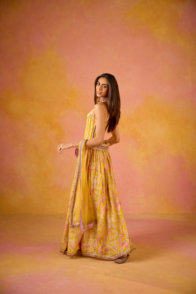 Yellow Sequinned Corset Muslin Lehenga Set