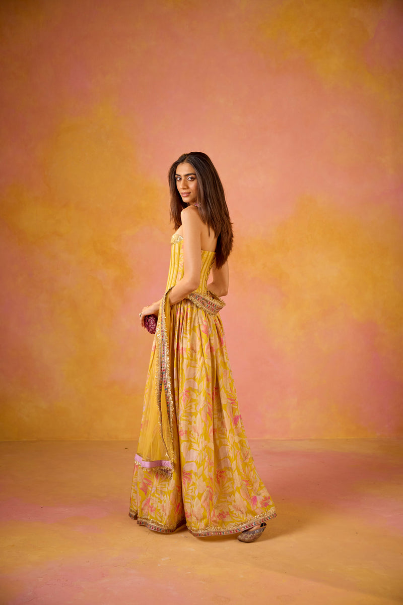 Yellow Sequinned Corset Muslin Lehenga Set
