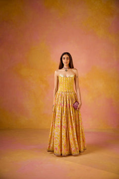 Yellow Sequinned Corset Muslin Lehenga Set